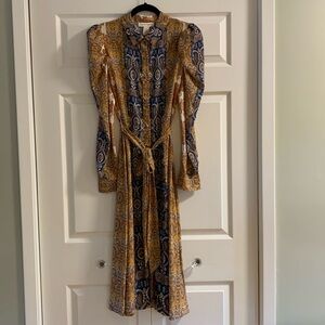 FLYING TOMATO Dress Long Statement Sleeve Button Front Blue/Tan Pattern Size S